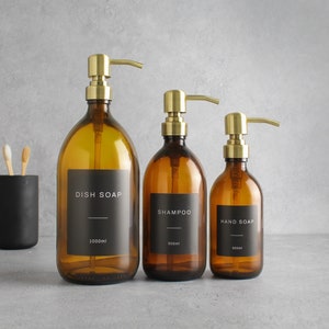 Amber Glass Bottle - Refillable Bottle With Brass / Gold Pump Dispenser & Label | For Shampoo, Hand Soap, Hand Cream, Body Wash | Reuse
