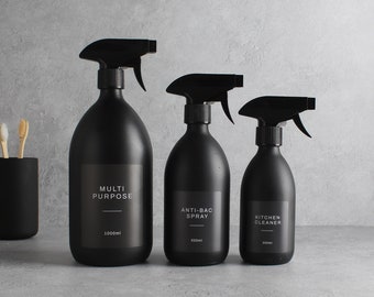 Matte Black Glass Spray Bottle - Refillable Coloured Trigger Spray Bottle & Label | Kitchen Bathroom Accessories For Cleaning And Plants