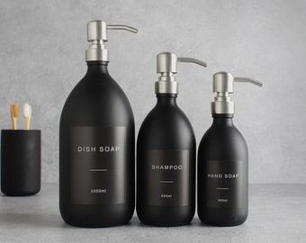 Matte Black Glass Bottle - Refillable Coloured Soap Dispenser With Metal Silver Pump & Label | For Shampoo, Conditioner, Hand Cream | Reuse