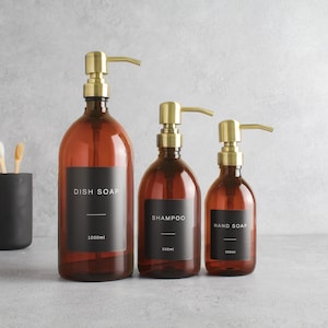 Amber Plastic Bottle - Labelled Refillable Bottle With Metal Gold/Brass Pump Dispenser | For Shampoo, Hand Soap, Cream, Body Wash | Eco