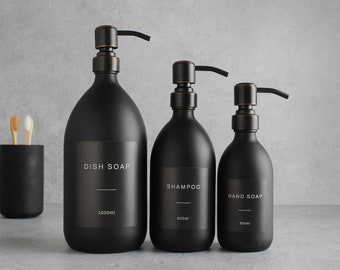 Matte Black Glass Bottle - Refillable Coloured Soap Dispenser With Metal Black / Copper Pump & Label | For Shampoo, Conditioner, Hand Cream
