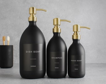 Matte Black Glass Bottle - Refillable Coloured Soap Dispenser With Metal Gold Pump & Label | For Shampoo, Conditioner, Hand Cream | Reuse