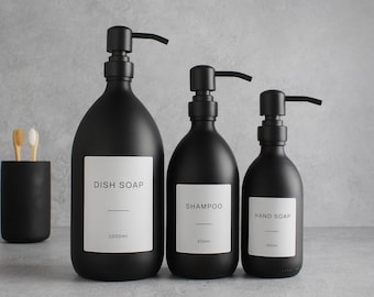 Matte Black Glass Bottle - Refillable Coloured Soap Dispenser With Metal Matte Black Pump & Label | For Shampoo, Conditioner, Hand Cream