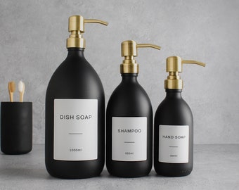 Matte Black Glass Bottle - Refillable Coloured Soap Dispenser With Metal Gold Pump & Label | For Shampoo, Conditioner, Hand Cream | Reuse