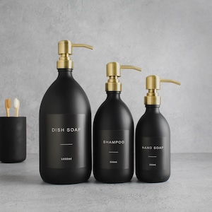 Matte Black Glass Bottle - Refillable Coloured Soap Dispenser With Metal Gold Pump & Label | For Shampoo, Conditioner, Hand Cream | Reuse