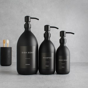 Mattschwarze Glasflasche - Nachfüllbarer farbiger Seifenspender mit Metallmatte Schwarz Pump & Etikett | Für Shampoo, Conditioner, Handcreme