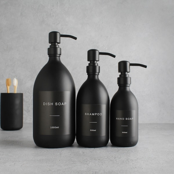 Matte Black Glass Bottle - Refillable Coloured Soap Dispenser With Metal Matte Black Pump & Label | For Shampoo, Conditioner, Hand Cream