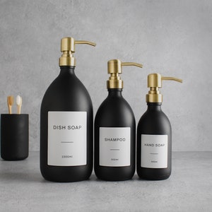 Matte Black Glass Bottle - Refillable Coloured Soap Dispenser With Metal Gold Pump & Label | For Shampoo, Conditioner, Hand Cream | Reuse