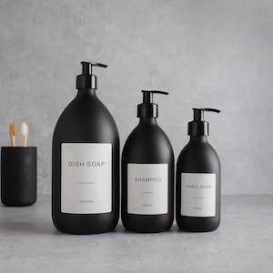 Matte Black Glass Bottle - Refillable Coloured Soap Dispenser With Black Pump & Label | For Shampoo, Conditioner, Hand Cream, Body | Reuse