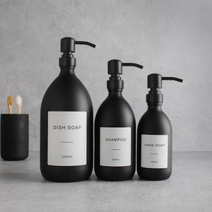 Matte Black Glass Bottle - Refillable Coloured Soap Dispenser With Metal Matte Black Pump & Label | For Shampoo, Conditioner, Hand Cream