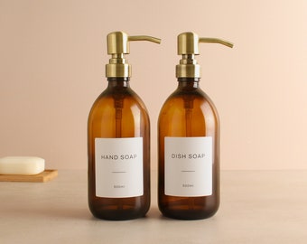 Hand Soap & Dish Soap Amber Glass Bottle Set Of Two - Refillable Brown Dispenser And Pump With White Waterproof Label | Eco Friendly Refill