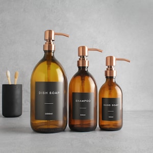 Amber Glass Bottle - Refillable Bottle With Rose Gold Pump Dispenser & Label | For Shampoo, Hand Soap, Hand Cream, Body Wash | Reuse