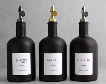 Matt Black Tall Neck Glass Oil & Vinegar Bottle 700ml Labelled - Refillable Dispenser Pourer For Kitchen Storage | Eco Friendly Home Decor