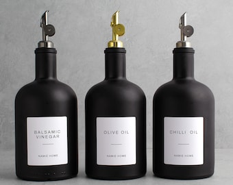 Matt Black Tall Neck Glass Oil Bottle 700ml Labelled - Refillable Dispenser Pourer For Kitchen Storage | Eco Friendly Home Decor