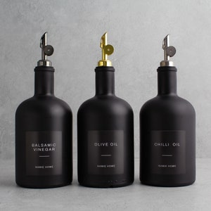 Matt Black Tall Neck Glass Oil Bottle 700ml Labelled - Refillable Dispenser Pourer For Kitchen Storage | Eco Friendly Home Decor