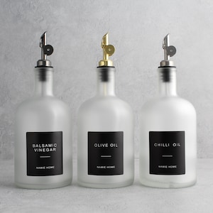 Frosted White Tall Neck Glass Oil Bottle 700ml Labelled - Refillable Dispenser Pourer For Kitchen Storage | Eco Friendly Home