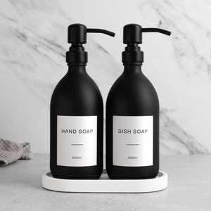 White Tray & Matte Black Dispenser Set - Labelled Refillable Bottle With Gold Pump And Label | For Shampoo, Hand Soap, Cream, Body Wash