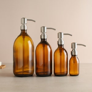 Amber Glass Bottle - Refillable Bottle With Metal Silver Pump Dispenser | For Shampoo, Hand Soap, Hand Cream, Body Wash | Eco Friendly Reuse