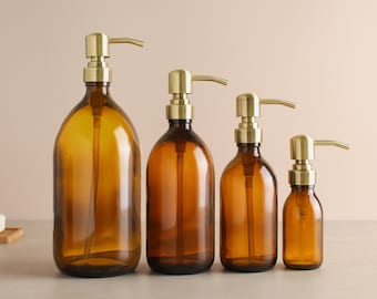 Bouteille en verre ambré - Bouteille rechargeable avec distributeur à pompe en laiton doré | Pour shampooing, savon pour les mains, crème pour les mains, nettoyant pour le corps | Réutilisation écologique