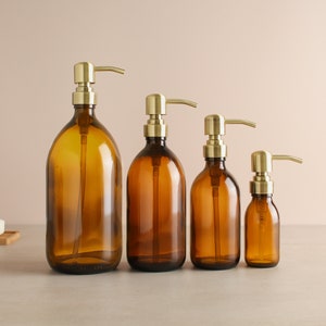 Amber Glass Bottle - Refillable Bottle With Gold Brass Pump Dispenser | For Shampoo, Hand Soap, Hand Cream, Body Wash | Eco Friendly Reuse