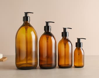 Botella de vidrio ámbar - Botella recargable con dispensador de bomba negra / Para champú, jabón de manos, crema de manos, gel de baño / Reutilización ecológica