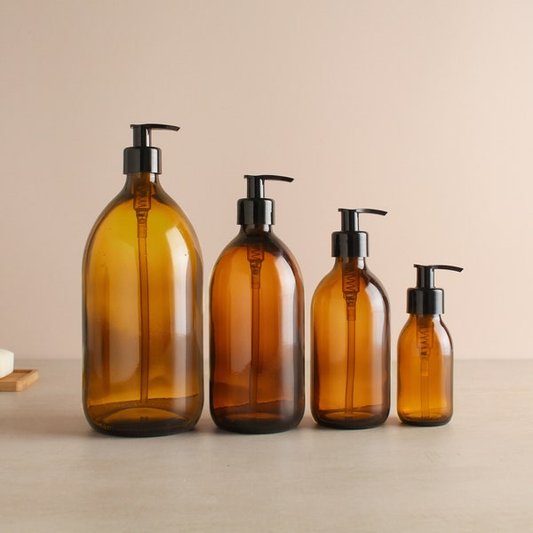 Amber Glass Bottle - Refillable Bottle With Black Pump Dispenser | For Shampoo, Hand Soap, Hand Cream, Body Wash | Eco Friendly Reuse