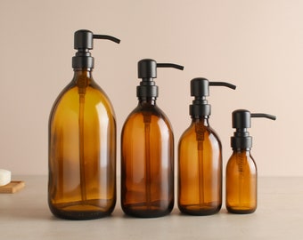 Amber Glass Bottle - Refillable Bottle With Matte Black Pump Dispenser | For Shampoo, Hand Soap, Hand Cream, Body Wash | Eco Friendly Reuse