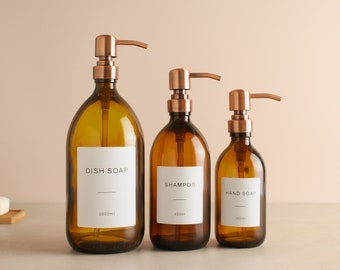 Braune Glasflasche - Wiederbefüllbare Flasche mit Rose Gold Pumpspender & Etikett | Für Shampoo, Handseife, Handcreme, Duschgel | Öko-Wiederverwendung