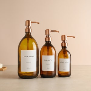 Amber Glass Bottle - Refillable Bottle With Rose Gold Pump Dispenser & Label | For Shampoo, Hand Soap, Hand Cream, Body Wash | Eco Reuse