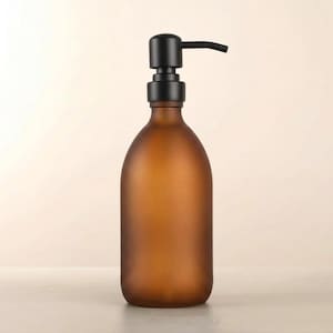 Frosted Amber Glass Soap Dispenser - Refillable Bottle With Metal Matte Black Pump | For Shampoo, Hand Soap, Cream, Body | Reuse