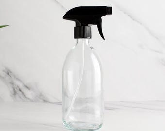 Clear Glass Spray Bottle - Refillable Bottle With Trigger Spray Lid & Label | Kitchen Bathroom Accessories Cleaning | Eco Friendly Reuse