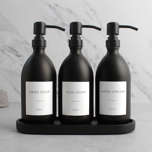 Black Tray & Matte Black Dispenser Set - Labelled Refillable Bottle With Gold Pump And Label | For Shampoo, Hand Soap, Cream, Body Wash