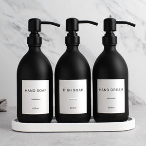 White Tray & Matte Black Dispenser Set - Labelled Refillable Bottle With Gold Pump And Label | For Shampoo, Hand Soap, Cream, Body Wash