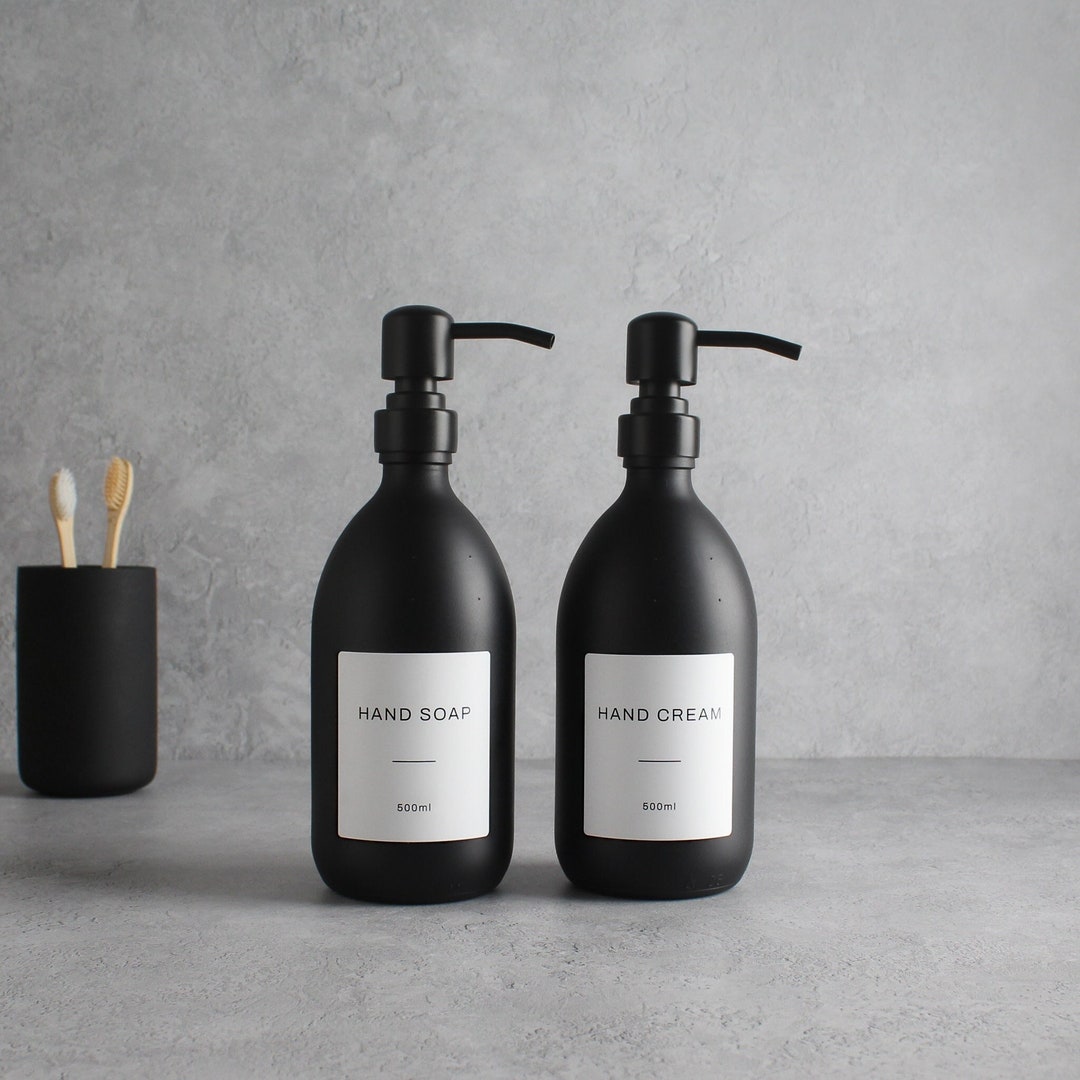 Hand Soap & Hand Cream Matte Black Glass Bottle Set of Two Refillable