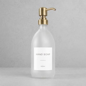 Frosted White Glass Soap Dispenser - Labelled Refillable Bottle With Metal Gold Pump | For Shampoo, Hand Soap, Cream, Body | Reuse