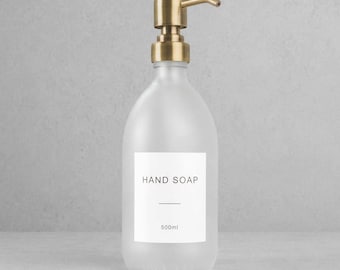 Frosted White Glass Soap Dispenser - Labelled Refillable Bottle With Metal Gold Pump | For Shampoo, Hand Soap, Cream, Body | Reuse