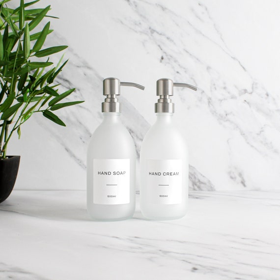 Hand Soap Hand Cream Frosted White Glass Bottle Set of Two Refillable Dispenser and Pump With White Waterproof Label Eco Friendly Etsy UK
