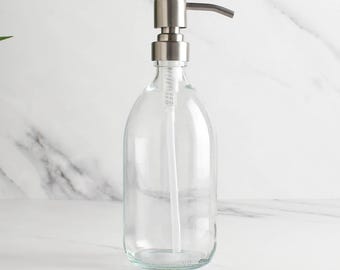 Clear Glass Soap Dispenser - Refillable Bottle With Metal Pump | For Shampoo, Hand Soap, Hand Cream, Body Wash | Eco Friendly Reuse