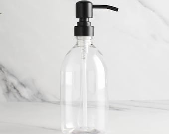 Dispenser di sapone in plastica trasparente - Flacone ricaricabile con pompa in metallo nero opaco / Per shampoo, sapone per le mani, crema, bagnoschiuma / Riutilizzabile
