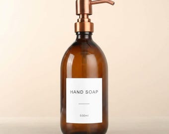 Amber Glass Soap Dispenser - Labelled Refillable Bottle With Metal Rose Gold Pump | For Shampoo, Hand Soap, Cream, Body | Reuse