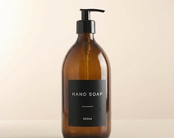 Amber Glass Soap Dispenser - Labelled Refillable Bottle With Black Plastic Pump | For Shampoo, Hand Soap, Cream, Body | Reuse