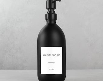 Matte Black Glass Soap Dispenser - Refillable Coloured Soap Dispenser With Metal Pump & Label | For Shampoo, Conditioner, Hand Cream