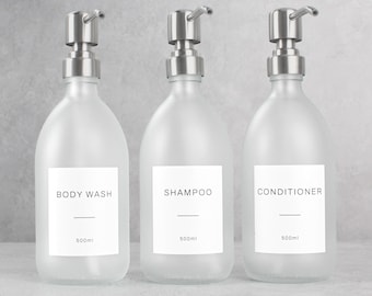 Set of 3 Body Wash Shampoo Conditioner Frosted White Glass Bottle - Refillable Dispenser & Pump With White Waterproof Label | Eco
