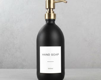 Matte Black Glass Soap Dispenser - Labelled Refillable Bottle With Metal Gold Pump | For Shampoo, Hand Soap, Cream, Body | Reuse