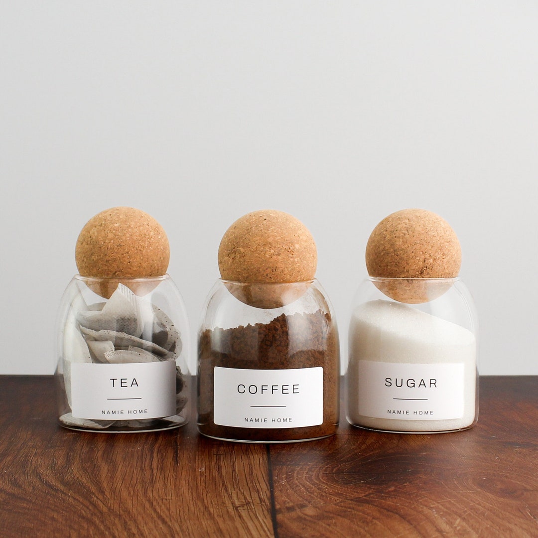 Tea Coffee Sugar Set of 3 Cork Ball Glass Jars - 500ml Storage ...