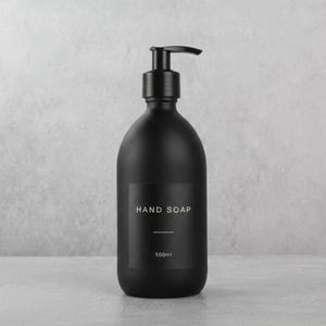 Matte Black Glass Soap Dispenser - Labelled Refillable Bottle With Black Plastic Pump | For Shampoo, Hand Soap, Cream, Body | Reuse