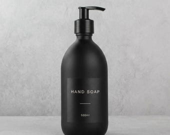 Matte Black Glass Soap Dispenser - Labelled Refillable Bottle With Black Plastic Pump | For Shampoo, Hand Soap, Cream, Body | Reuse