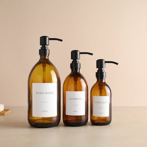 Amber Glass Bottle - Refillable Bottle With Metal Matte Black Pump Dispenser & Label | For Shampoo, Hand Soap, Hand Cream, Body Wash | Reuse