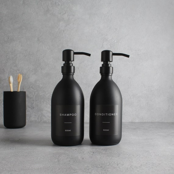 Shampoo & Conditioner Matte Black Glass Bottle Set of Two