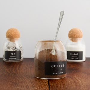 Tea Coffee Sugar Set of 3 Cork Ball Glass Jars - 500ml Storage Canisters With Black Waterproof Label | Kitchen Pantry Organisation image 4